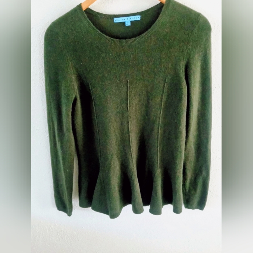 ANTONIO MELANI 100% Cashmere Peplum Hem Sweater Moss Green | S - Picture 2 of 8